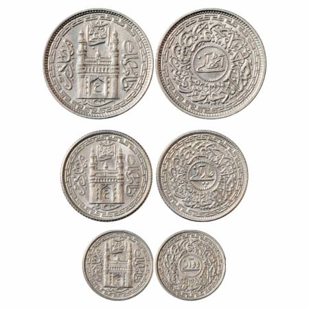 Hyderabad, Mir Usman Ali Khan (1911-1948 AD), set of 3 Nickel Coins, 8 Annas, 4 Annas and 
