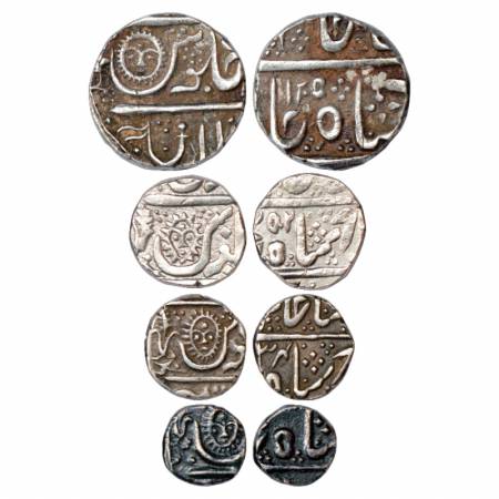 Indore, set of 4 Silver Coins, Malharnagar Mint, Rupee, AH 1205; ½ Rupee, AH x252; ¼ Rupee