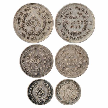 Travancore (3), Rama Varma VI (1885-1924 AD), Silver ½ Rupee, ¼ Rupee and Fanam, ME 1106, 