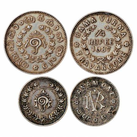 Travancore (2), Rama Varma VI (1885-1924 AD), Silver ¼ Rupee and Fanam, ME 1087, KM 52 and