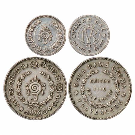 Travancore, Silver Coin (2), Rama Varma VI (1885-1924), Silver Fanam, ME 1103, KM 51 and B