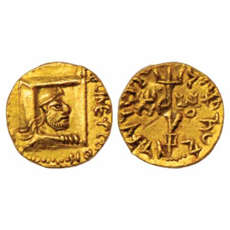 Kushans, Vima Kadphises (110-127 AD), Gold ¼ Dinar, Gobl 9, 1.98g. Obv: Bearded king looki