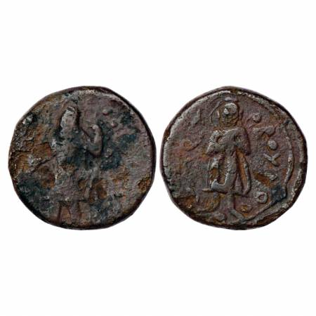 Kushans, Kanishka (127-150 AD), Copper Unit, 'Buddha' type, Gobl 785, 16.24g. Obv: King st
