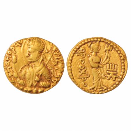 Kushans, Huvishka (150-180 AD), Gold Dinar, Gobl 219, 7.66g. Obv: Nimbate and helmeted bus