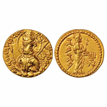 Kushans, Huvishka (150-180AD), Gold Dinar, Nana on reverse, Gobl 281, 7.92g. Obv: Nimbate 