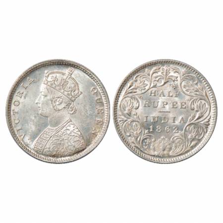 Victoria Queen, Silver ½ Rupee, 1862, Calcutta Mint, C/II, PR 252. Mint State, Uncirculate