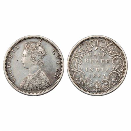 Victoria Queen, Silver ½ Rupee, 1862, Madras Mint, B2/II, PR 259. Very Fine+, Rare.