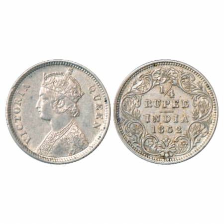 Victoria Queen, Silver ¼ Rupee, 1862, Calcutta Mint, A/I/no mm, PR 376. Very Fine.