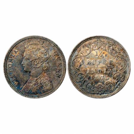 Victoria Queen, Silver ¼ Rupee, 1875, Calcutta Mint, A/I/no mm, PR 380, Toned, About Extre