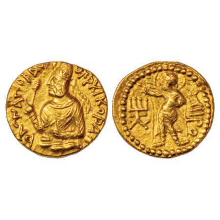 Kushans, Huvishka (150-180AD), Gold ¼ Dinar, Gobl 160, 2.01g. Obv: Bust of king, wearing c