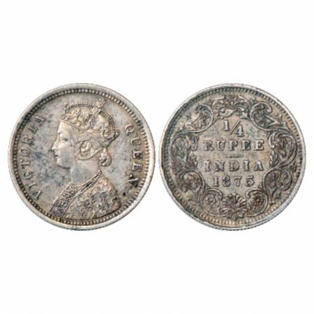 Victoria Queen, Silver ¼ Rupee, 1875, Bombay Mint, A/I/no mm, PR 406. Very Fine+, Rare.