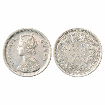 Victoria Queen, Silver 2 Annas, 1862, Bombay Mint, A/I, PR 486. About Extremely Fine, Very