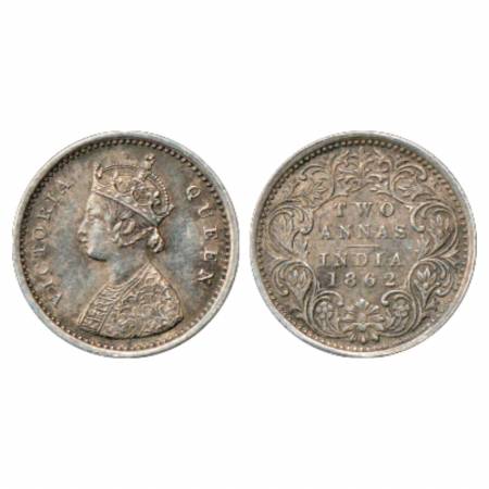 Victoria Queen, Silver 2 Annas, 1862, Bombay Mint, A/I, PR 486. Very Fine, Scarce.