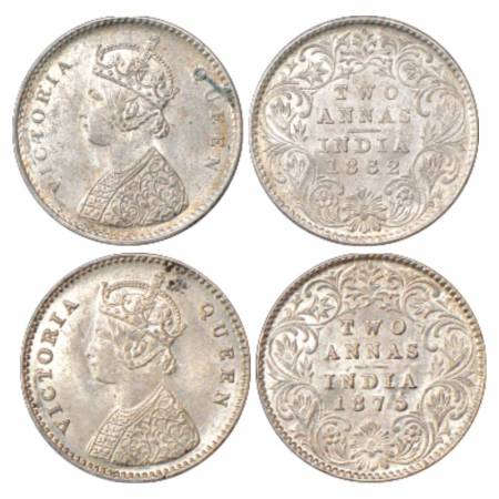 Victoria Queen, Silver 2 Annas (2), 1862 and 1875, Calcutta Mint, C/I/no mm, PR 485 and 48