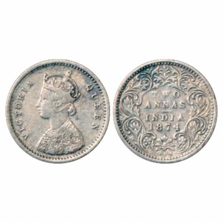 Victoria Queen, Silver 2 Annas, 1874, Bombay Mint, A/I/no mm, PR 516. Very Fine, Rare.