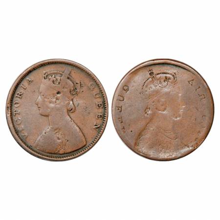 Victoria Queen, Copper ½ Anna, Lakhi (Brockage). Fine, Very Rare.