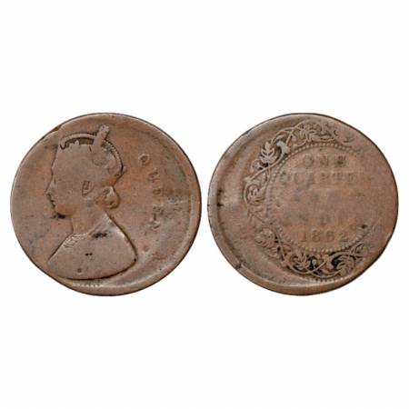 Victoria Queen, Copper ¼ Anna, 1862, Calcutta Mint. Die shifted on both sides. Fine, Rare.