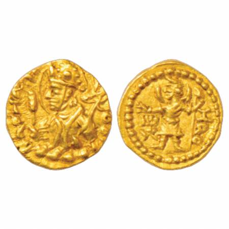 Kushans, Huvishka (155-190 AD), Gold ¼ Stater, 'Mao' type, Gobl 277-278, 1.97g. Obv: Helme