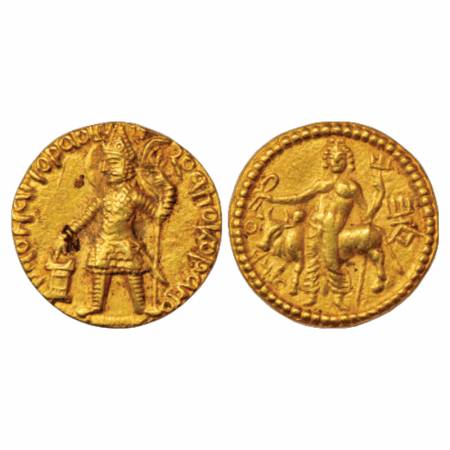 Kushans, Vasudeva (180-220 AD), Gold Dinar, Gobl 502, 7.95g. Obv: Nimbate, helmeted and cu