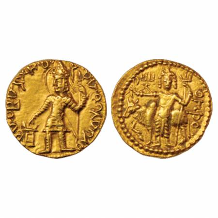 Kushans, Vasudeva (180-220 AD), Gold Dinar, Gobl 520, 7.93g. Obv: Nimbate, helmeted and cu