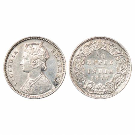Victoria Empress, Silver ¼ Rupee, 1877, Calcutta Mint, B/I/no mm, PR 382. About Extremely 