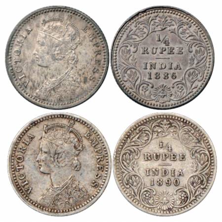 Victoria Empress, Silver ¼ Rupee (2), 1886 and 1890, Calcutta Mint, C/II/'C' incused, PR 3