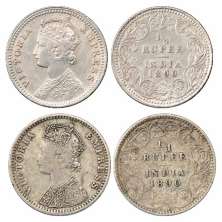 Victoria Empress, Silver ¼ Rupee (2), 1890, Calcutta Mint, C/II/'C' incused, PR 395 and Bo