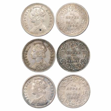 Victoria Empress, Silver ¼ Rupee (3), 1890 and 1894, Calcutta Mint, C/II/'C' incused, PR 3