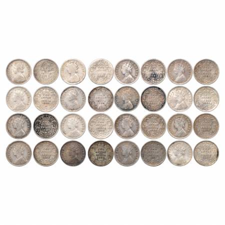 Victoria Empress, Silver 2 Annas (16), 1877, A/I/dot, PR 520; 1881, A/II/dot, PR 523 and B