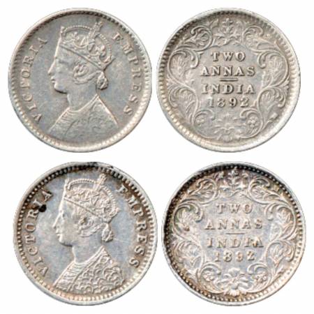 Victoria Empress, Silver 2 Annas (2), 1892, Calcutta Mint, B/II/'C' incused, PR 507 and Bo