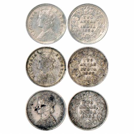 Victoria Empress, Silver 2 Annas (3), 1894, 1895 and 1901, Calcutta Mint, B/II/'C' incused