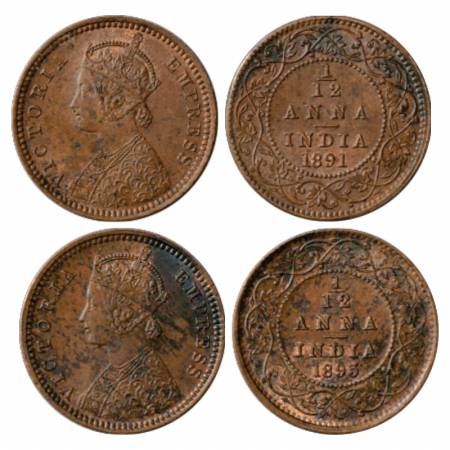 Victoria Empress, Copper 1/12 Anna (2), 1891 and 1895, Calcutta Mint, PR 796 and 800. (2 C