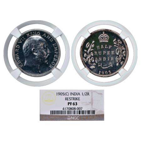 Edward VII, Silver ½ Rupee, 1905, Re-strike Proof, Calcutta Mint, S&W 7.57. Graded as PF63