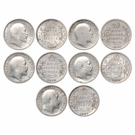 Edward VII, Silver ½ Rupee (5), 1906, 1908, 1909, 1910, Calcutta Mint, PR 310, 312, 313, 3