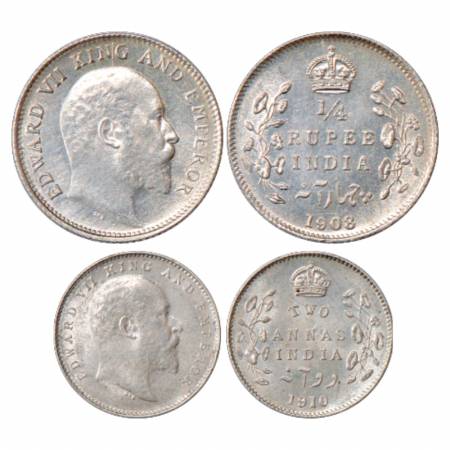 Edward VII (2), Calcutta Mint, Silver ¼ Rupee, 1908 and 2 Annas, 1910, PR 437 and 563.(2 C