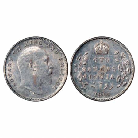 Edward VII, Silver 2 Annas, 1910, Bombay Mint, unlisted in PR. Extremely Fine, Scarce.