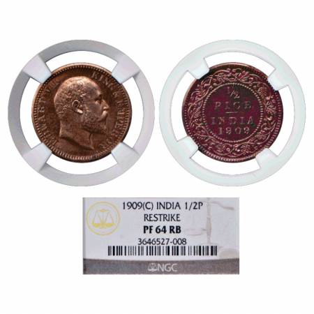 Edward VII, Copper ½ Pice, 1909, Re-strike Proof, Calcutta Mint, S&W 7.204. Graded as PF64