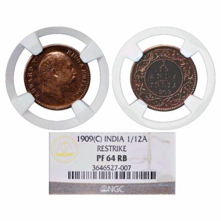 Edward VII, Copper 1/12 Anna, 1909, Re-strike Proof, Calcutta Mint, S&W 7.224. Graded as P