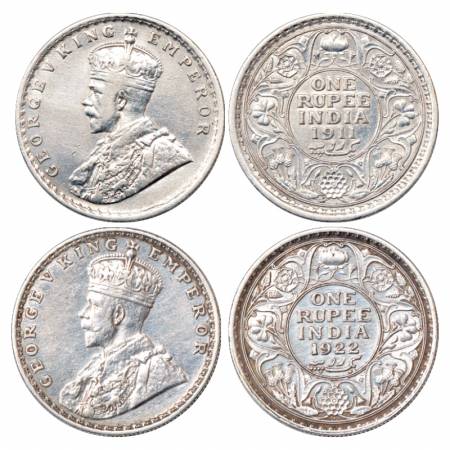 George V, Silver Rupee (2), 1911 and 1922 Calcutta and Bombay Mint, PR 207 and 228. (2 Coi