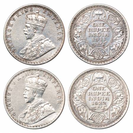 George V, Silver Rupee (2), 1911 and 1922, Bombay Mint, dot, PR 217 and 228. (2 Coins) Ver