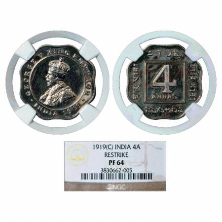 George V, Cupro-Nickel 4 Annas, 1919, Re-strike Proof, Calcutta Mint, S&W 8.183. Graded as