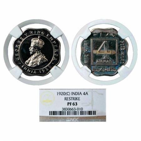 George V, Cupro-Nickel 4 Annas, 1920, Re-strike Proof, Calcutta Mint, S&W 8.187. Graded as