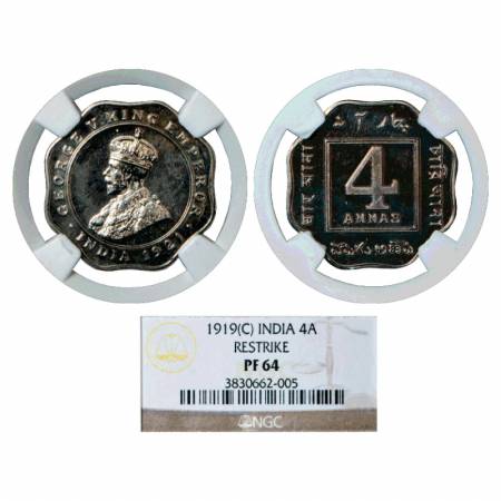 George V, Cupro-Nickel 4 Annas, 1921, Re-strike Proof, Calcutta Mint, S&W 8.190. Graded as