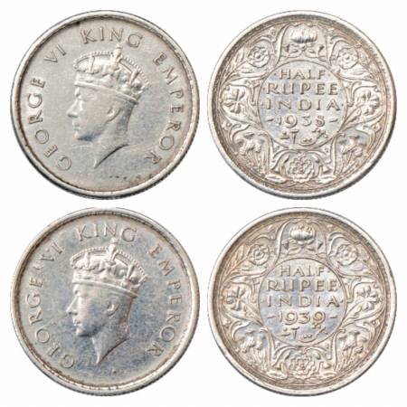 George VI, Silver ½ Rupee (2), 1938 and 1939, Bombay Mint, Head type I, PR 351 and 352. (2