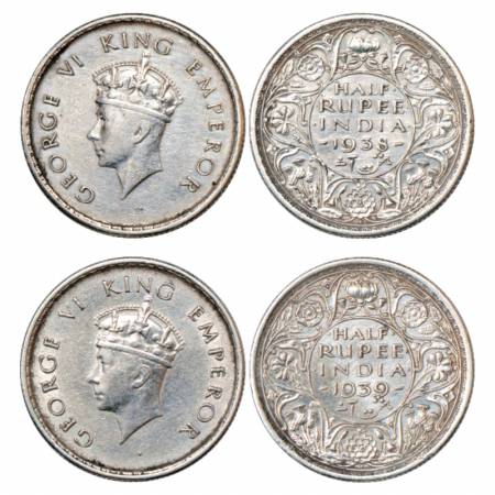 George VI, Silver ½ Rupee (2), 1938 and 1939, Bombay Mint, Head type I, PR 351 and 352. (2