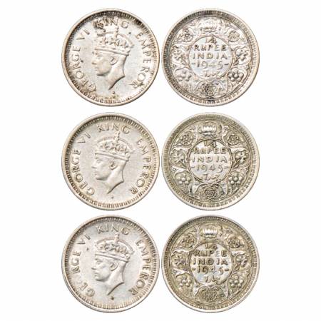 George VI, Half Silver ¼ Rupee (3), 1945, Bombay Mint, Large 5, unlisted in PR. (3 Coins) 