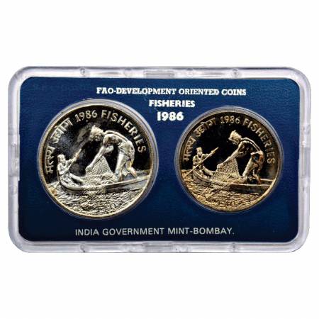 1986, Fisheries, UNC set of 2 coins, 100 Rupees and 20 Rupees, Bombay Mint, RB, 125.