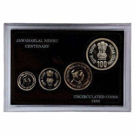 1989, Jawaharlal Nehru Birth Centenary, UNC set of 4 coins, 100 Rupees, 20 Rupees, 5 Rupee