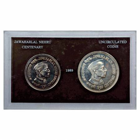 1989, Jawaharlal Nehru Birth Centenary, UNC set of 2 coins, 100 Rupees and 20 Rupees, Bomb