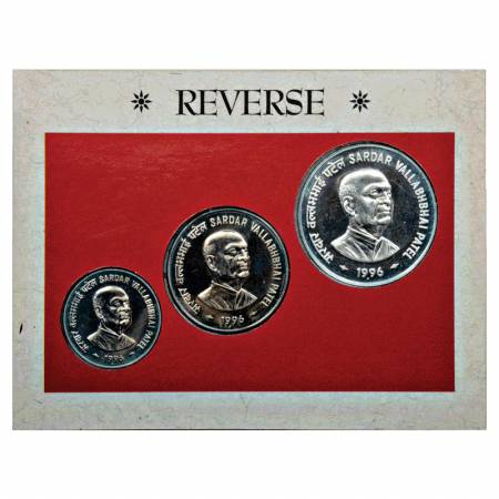 1996, Sardar Vallabhbhai Patel, UNC set of 3 coins, 100 Rupees, 50 Rupees and 10 Rupees, M